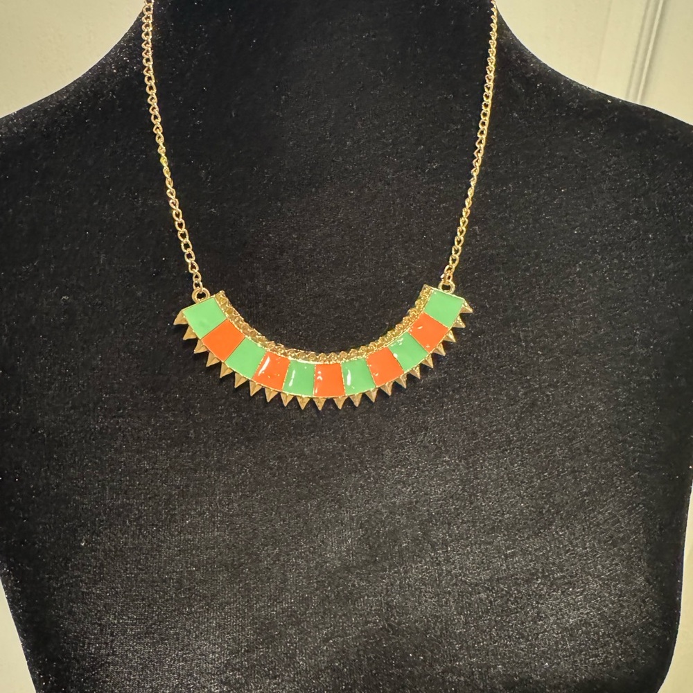 Green and Gold Tribal Necklace with Geometric Beads